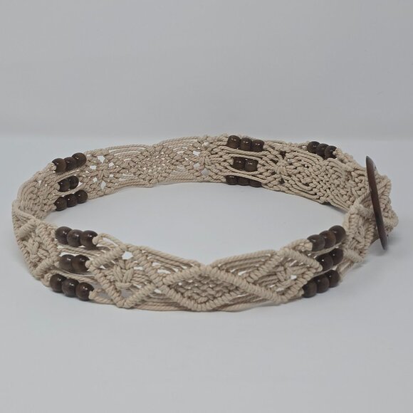 Woven Macrame Boho Belt with Wood Beads and Brown Tortoiseshell Buckle - Picture 5 of 10